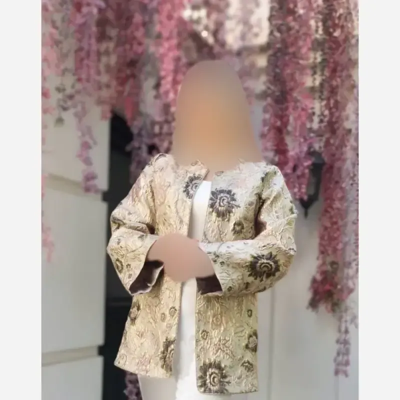 کت مجلسی زنانه ژاکارد ترک طرح الیکا کرم طلایی شاین دار - تصویر 6