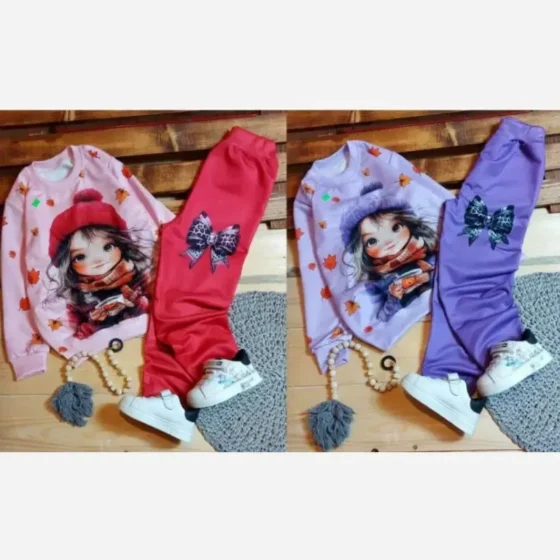 ست بلوز و شلوار دخترانه جنس اسپان دورس رنگ صورتی و یاسی سایز 40 تا 55