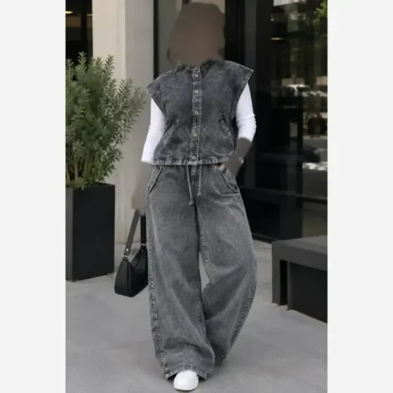 ست وست و شلوار جین زنانه فول بگ سنگشور شده گت دار