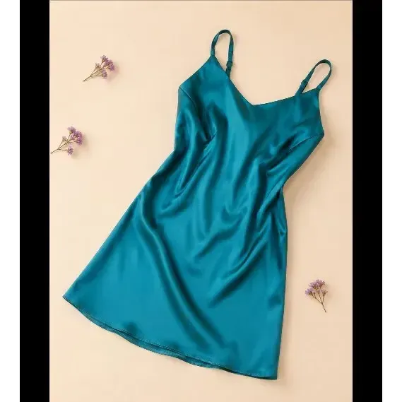 پیراهن خواب ساتن الیکس زنانه بنددار آبی کاربنی کله غازی سایز 36 تا 44 دنیز - تصویر 5
