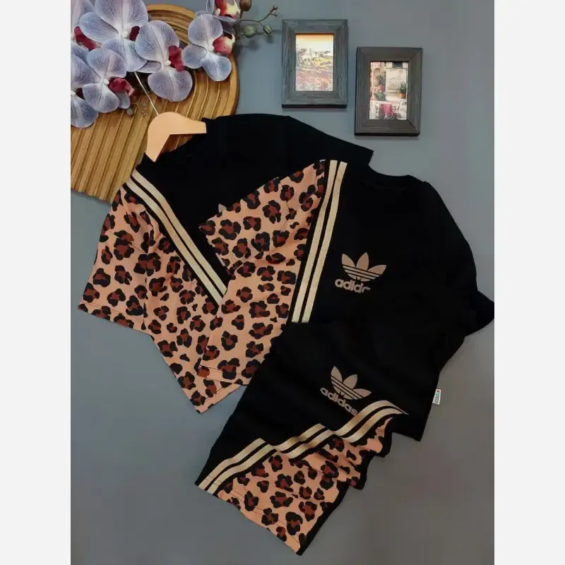 ست کراپ شلوار دخترانه طرح پلنگی آستین کوتاه پنبه بوگاتی سایز 45 تا 60 - تصویر 5